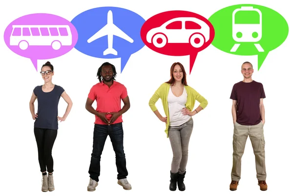 Group of young people choosing bus, train, car or plane