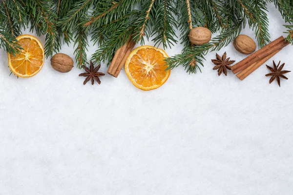 Christmas background with fir branches, orange fruits and snow