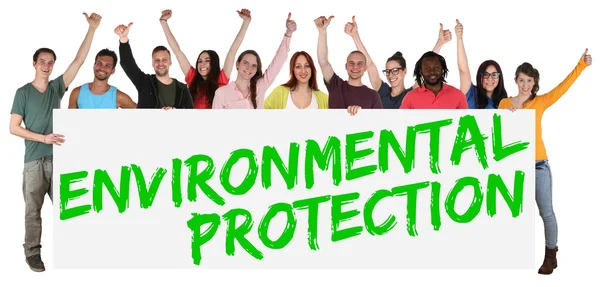 Environmental protection group of young multi ethnic people hold