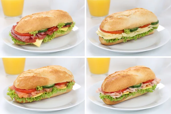 Collection of sub deli sandwiches baguettes for breakfast with h