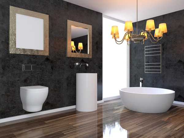 Modern interior of a bathroom in a city apartment. 3D Render