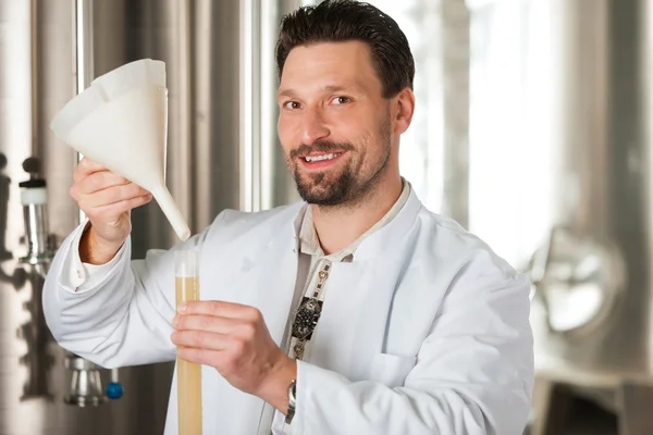 Beer brewer in his brewery examining