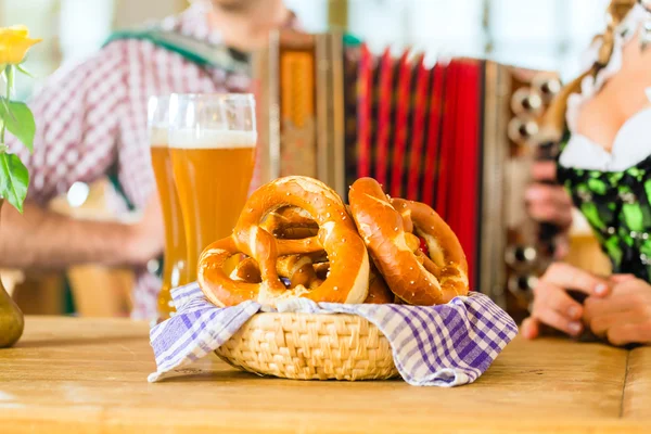 Bavarian restaurant with beer and pretzels