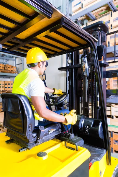 Fork lift truck driver lifting pallet in storage