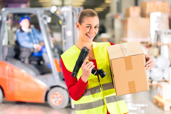 Worker holds package in warehouse of forwarding