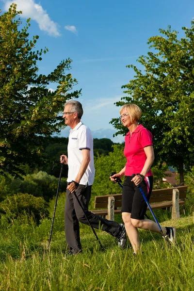 Senior couple doing Nordic walking in summer