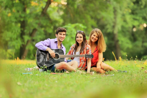 The group of successful students with a guitar resting in the Park