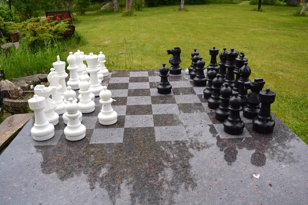 Chess and chessboard in ranch yard