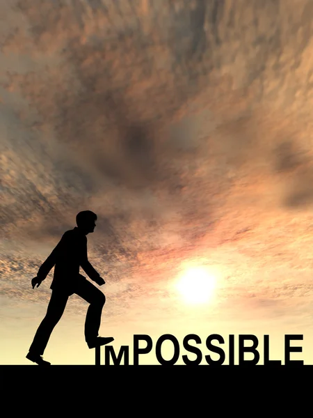 Concept conceptual 3D human man or businessman as black silhouette stepping over impossible or possible text at sunset