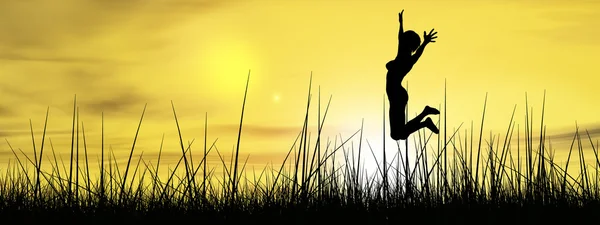 Concept or conceptual young woman or businesswoman silhouette jump happy on grass field at sunset or sunrise sky background banner