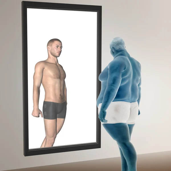 Concept or conceptual 3D fat overweight vs slim fit with muscles young man on diet reflecting in a mirror