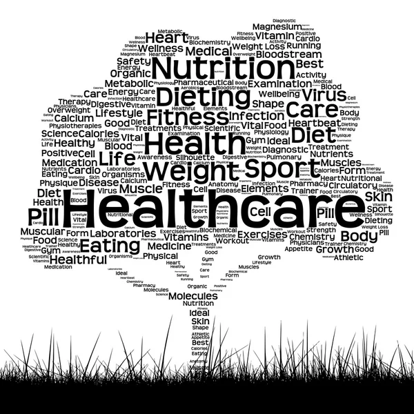 Concept or conceptual black health text word cloud as tree and grass isolated on white background
