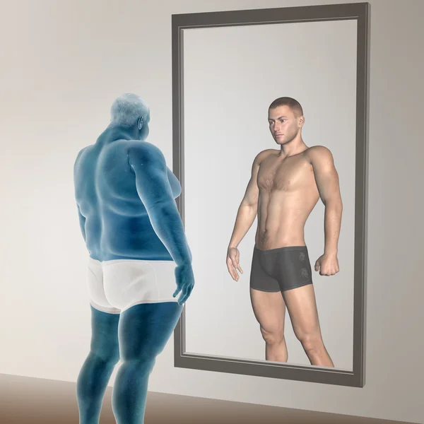 Concept or conceptual 3D fat overweight vs slim fit with muscles young man on diet reflecting in a mirror