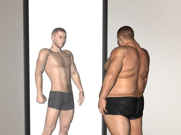 Concept or conceptual 3D fat overweight vs slim fit with muscles young man on diet reflecting in a mirror