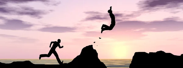 Concept or conceptual 3D young man or businessman silhouette jump happy from cliff over water gap sunset or sunrise sky background