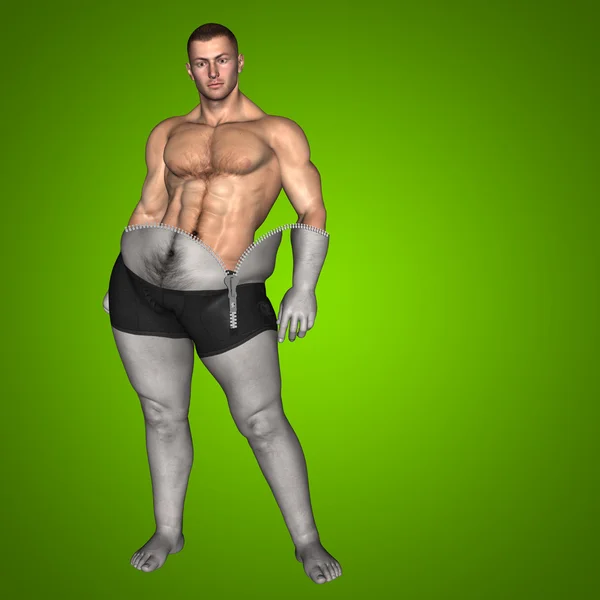 Concept or conceptual 3D fat overweight vs slim fit diet muscles zipper young man green gradient background