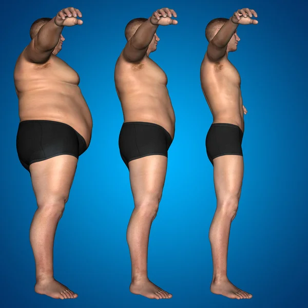 Fat overweight vs slim man blue gradient background