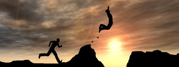 Businessman silhouette jumping from cliff