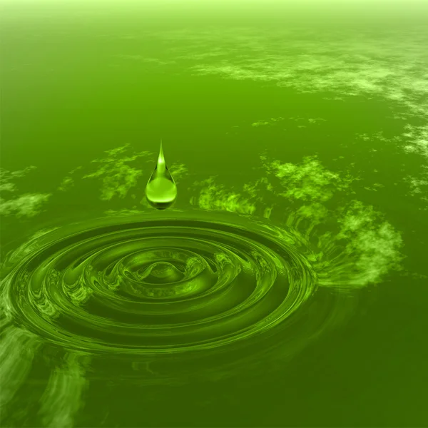 Concept or conceptual green liquid drop falling in water with ripples and waves background