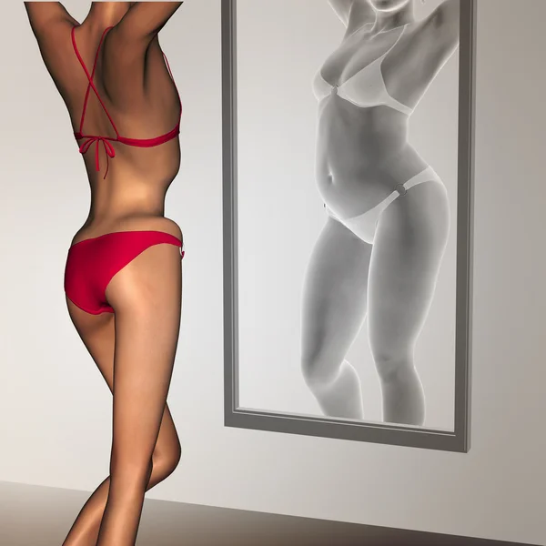 Concept or conceptual 3D woman, girl as fat, overweight vs fit healthy, skinny underweight anorexic female before and after diet over a mirror