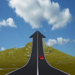 概念或概念 3d 红色车路箭头向上,翻过一座山到