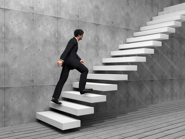 Concept or conceptual 3D man or  businessman climbing on a stair or steps near a wall background
