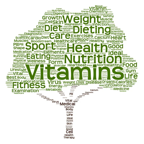 Concept or conceptual health or diet green text word cloud or tagcloud tree isolated on white background