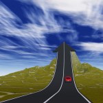 概念或概念 3d 红色车路箭头向上,翻过一座山到