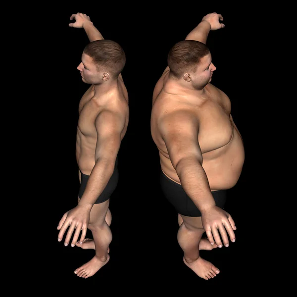 Concept or conceptual 3D fat overweight vs slim fit diet with muscles young man isolated on black background