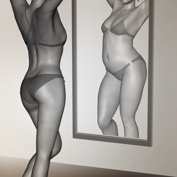 Concept or conceptual 3D woman, girl as fat, overweight vs fit healthy, skinny underweight anorexic female before and after diet over a mirror