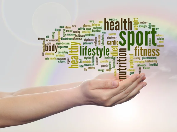 Concept or conceptual abstract sport and health word cloud man hand, rainbow sky background