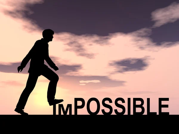Concept conceptual 3D human man or businessman as black silhouette stepping over impossible or possible text at sunset