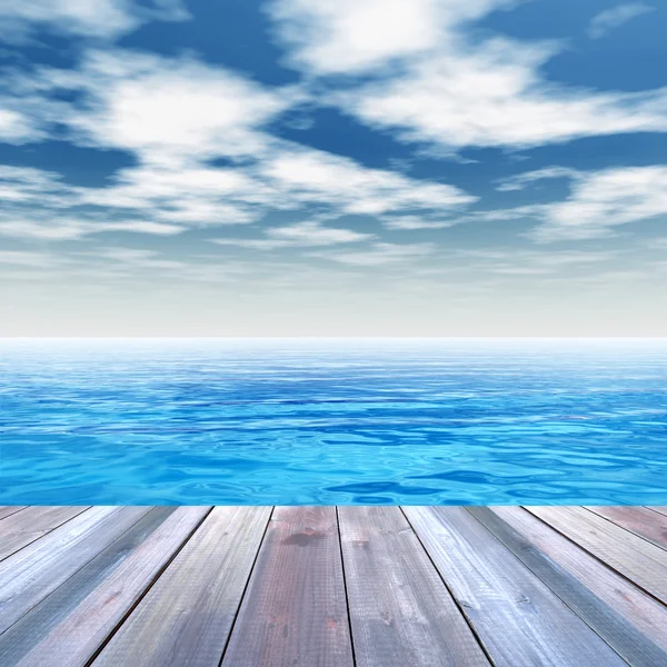 Concept or conceptual old wood or wooden deck on coast of exotic blue clear sea or ocean waves and sky vacation or tourism background