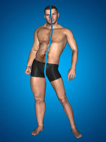 Concept or conceptual 3D strong young male man bodybuilder before and after on blue background