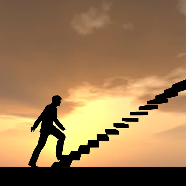 Concept or conceptual 3D male businessman on stair or steps over sunset sky background