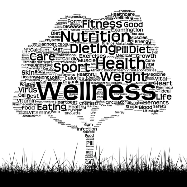 Concept or conceptual black health text word cloud as tree and grass isolated on white background