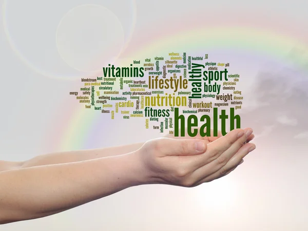 Concept or conceptual abstract health word cloud man hand, rainbow sky background
