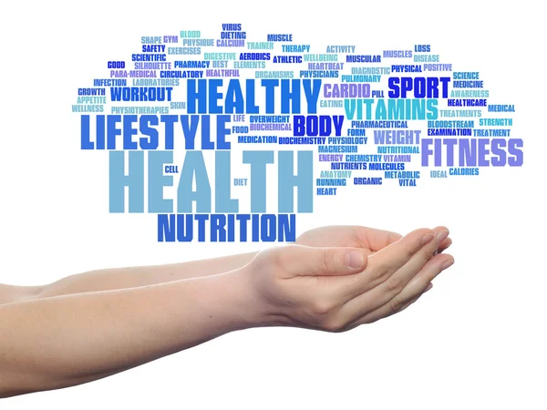 Concept or conceptual abstract health, nutrition or diet word cloud in human man hand isolated on background
