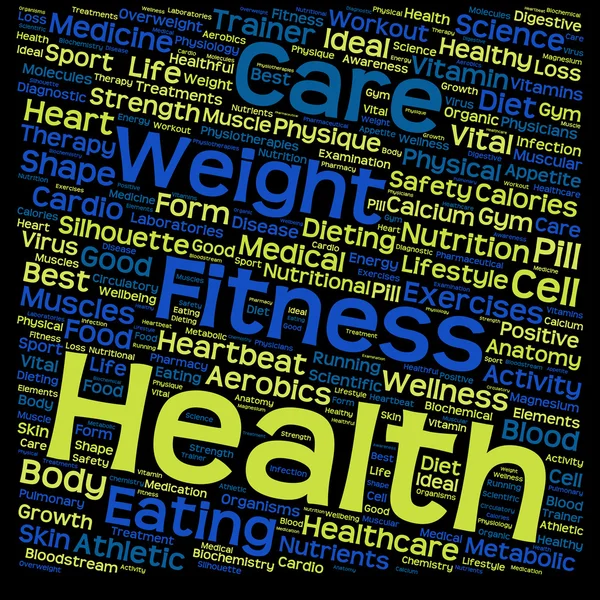 Concept or conceptual health, diet or sport text word cloud tagcloud isolated on black background