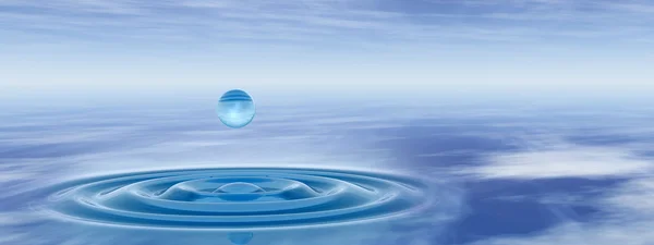 Concept or conceptual blue liquid drop falling in water with ripples and waves background banner