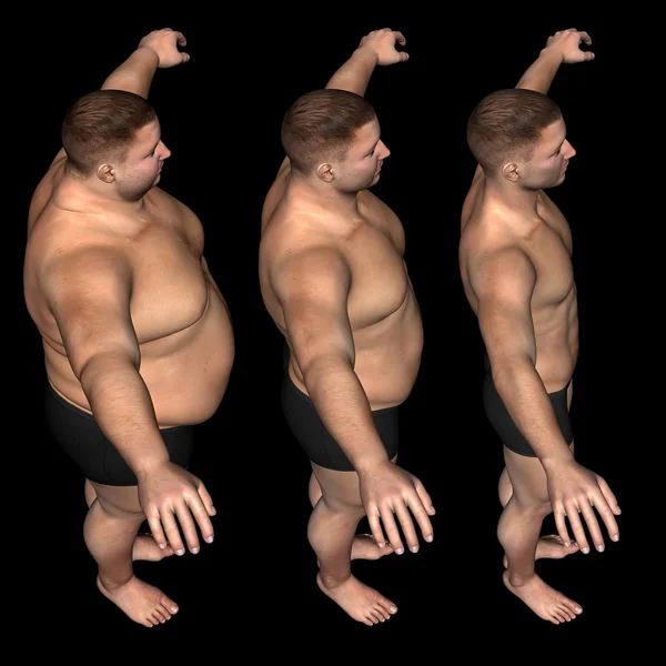 Concept or conceptual 3D fat overweight vs slim fit diet with muscles young man isolated on black background