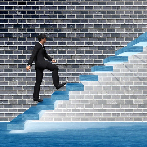 Concept or conceptual 3D man or  businessman climbing on a stair or steps near a wall background