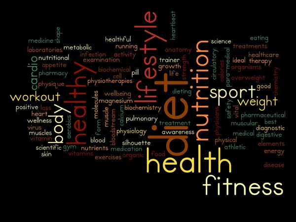 Concept or conceptual abstract diet and health word cloud or wordcloud on black background