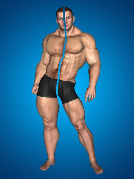 Concept or conceptual 3D strong young male man bodybuilder before and after on blue background