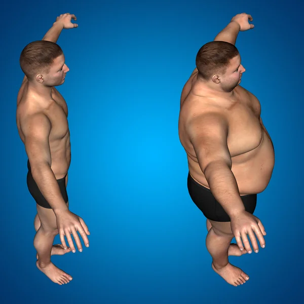 Concept or conceptual 3D fat overweight vs slim fit diet with muscles young man blue gradient background