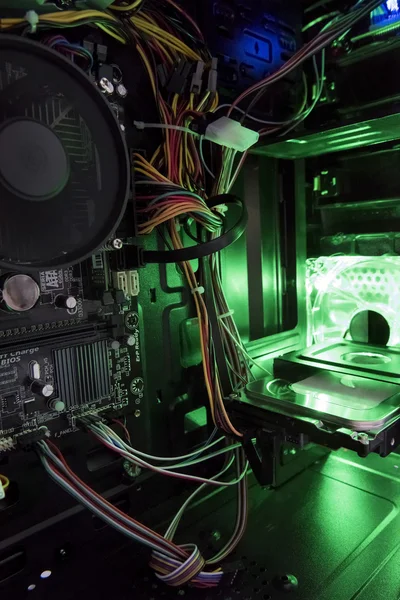 View of the internal structure of the pc with a green light from