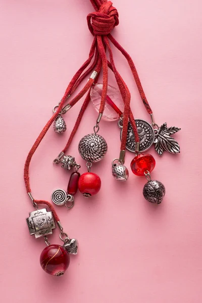 Necklace Made with Red Leather and Silver Charms