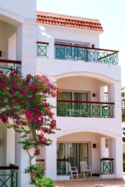 Facade of Hotel with balconies and windows decorated with flowers , Egypt