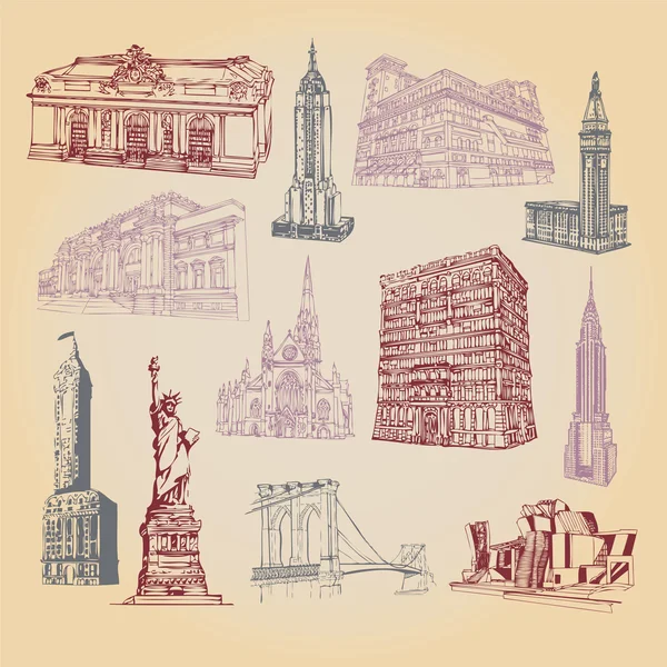 Hand drawn icons of New York city landmarks