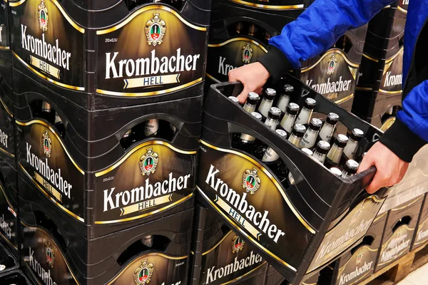 Stacked Krombacher beer crates